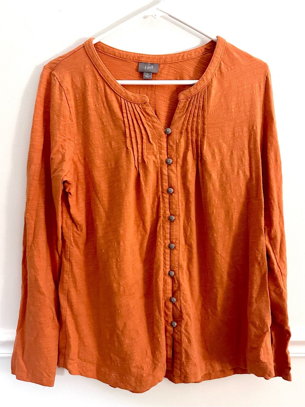 J. Jill Burnt Orange Slub Knit Cotton Cardigan Top Pleated Henley Med Button Up